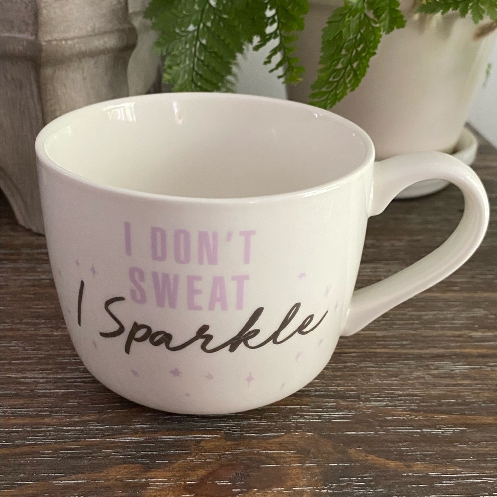 White Ceramic Mug with Black and Pink Text
